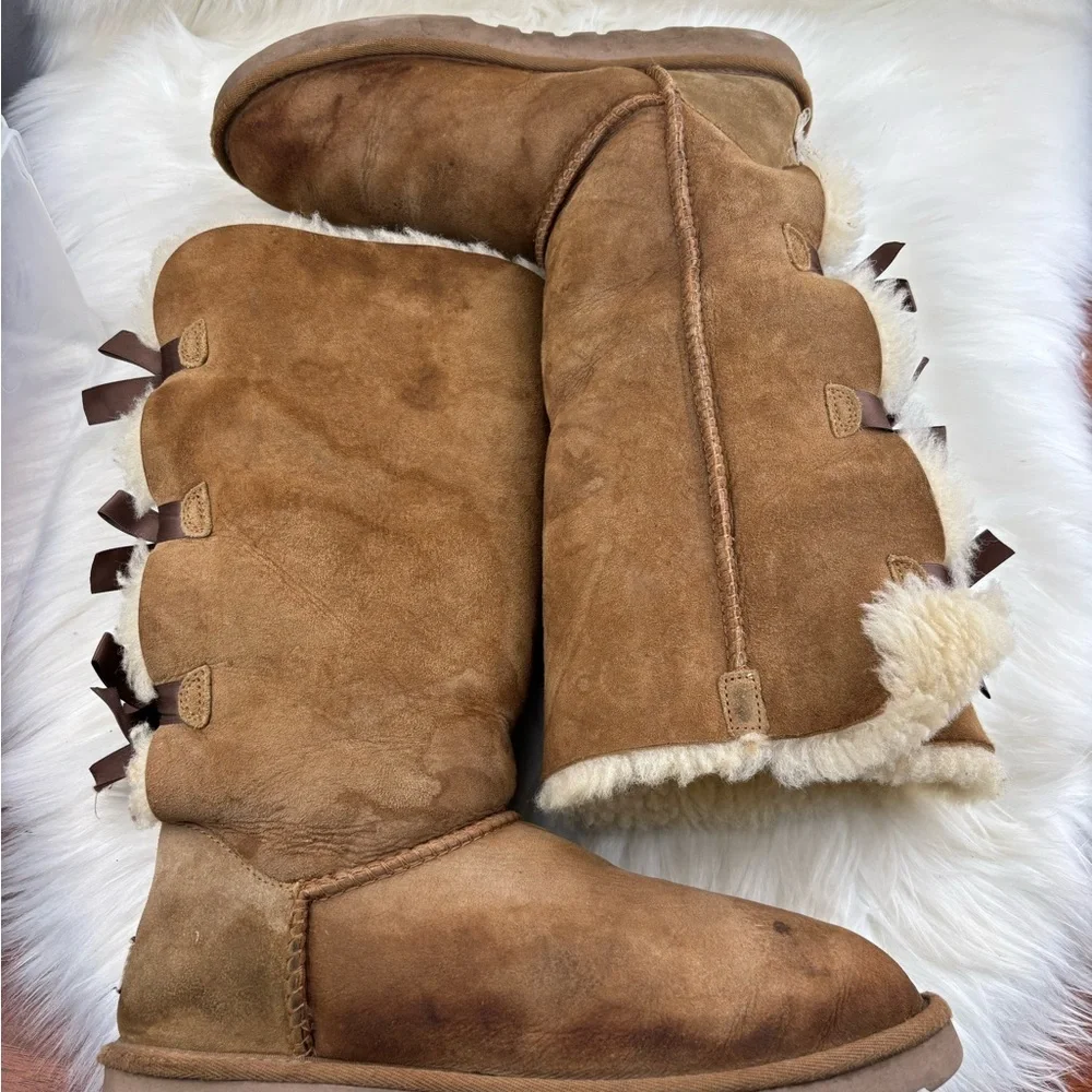 UGG Pull Up Bows Tan Winter Boots Size 9 Woman - Picture 6 of 15
